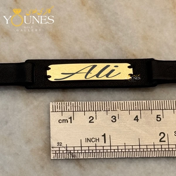 دستبند چرم مردانه طلا حکاکی اسم Ali علی